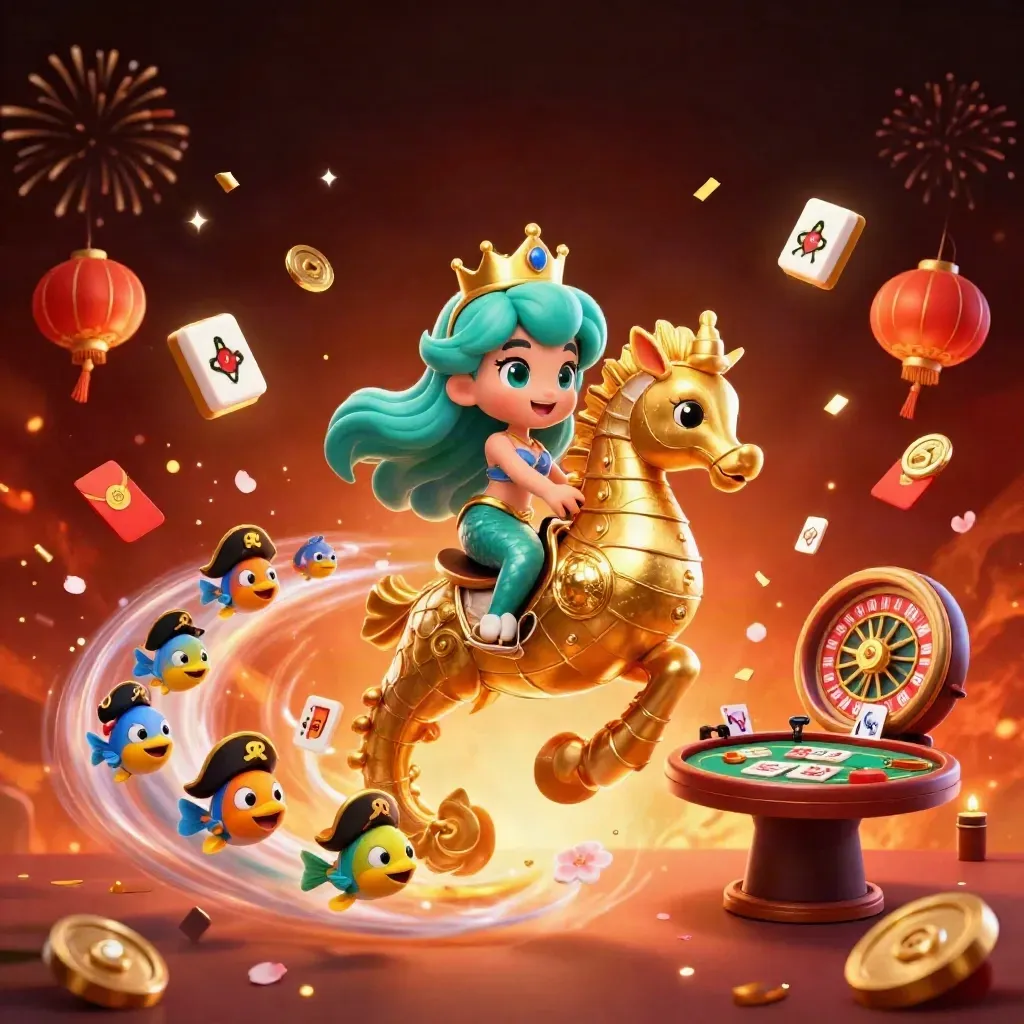 Mermaid princess on armored seahorse amid casino magic, lanterns, coins, fireworks and cards.
