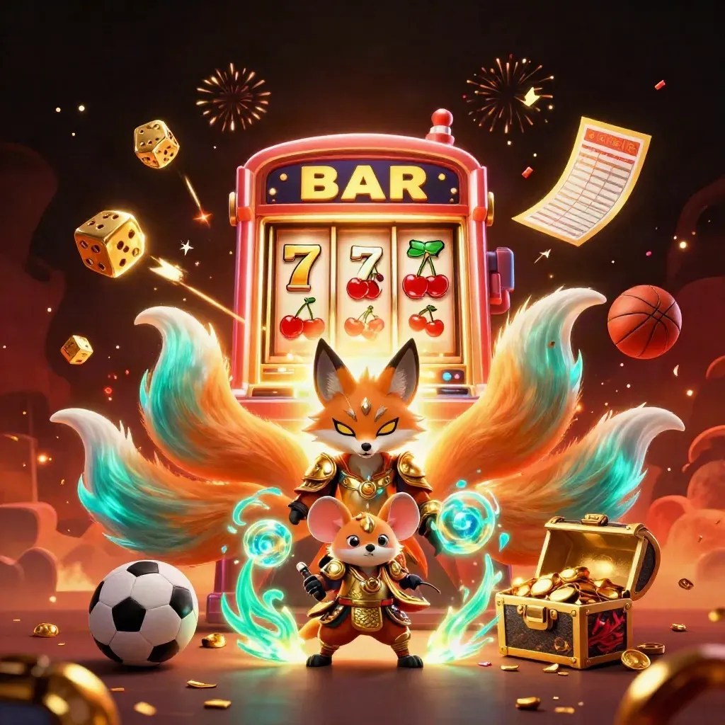 Nine-tailed fox spirit and golden samurai mouse amid exploding casino symbols and sports gear.