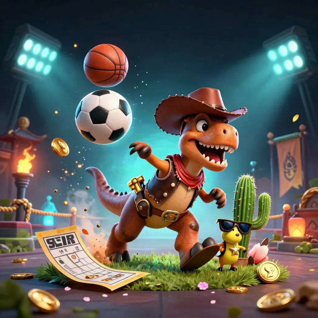 Ground-level casino-sport burst with cowboy T-Rex, cactus, roadrunner, flying balls, gold sparks, neon haze.