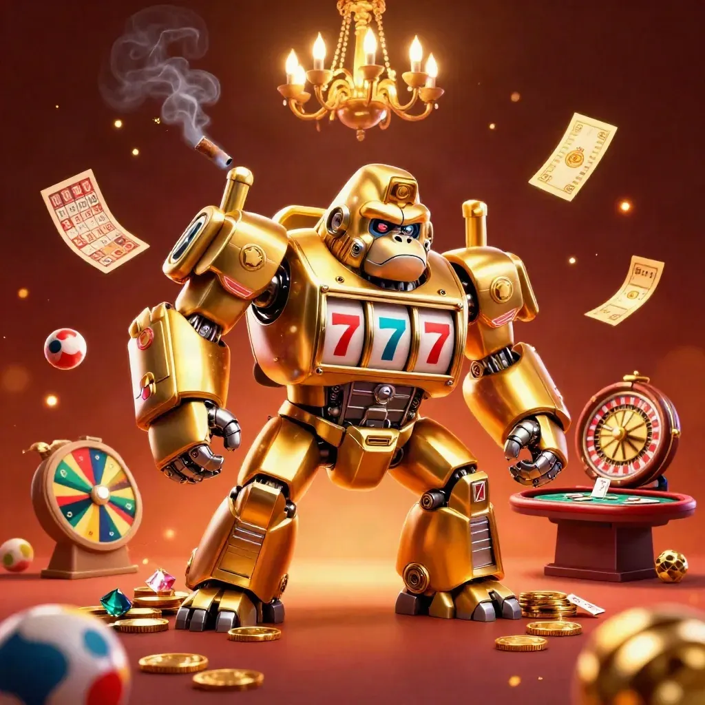 Golden gorilla mech with tiny monkey pilot amid casino lights, coins, gems, and glowing game props.