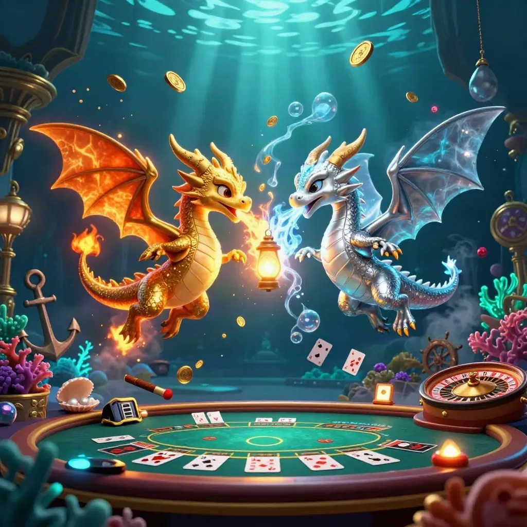 Gold and silver dragons in a glowing underwater casino grotto with coins, coral, and a spinning wheel.