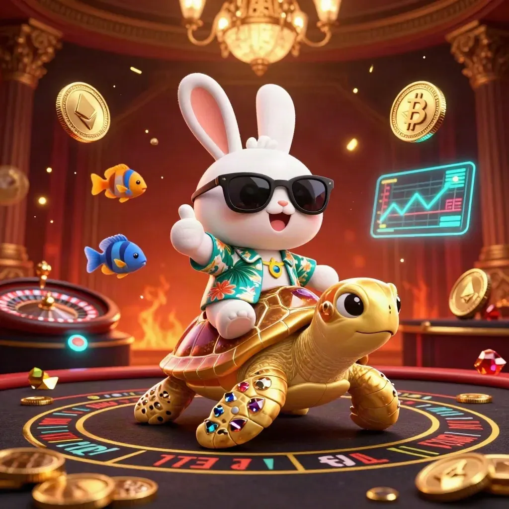 Lucky rabbit rides a golden sea turtle amid casino glow, coins, gems, and neon crypto effects