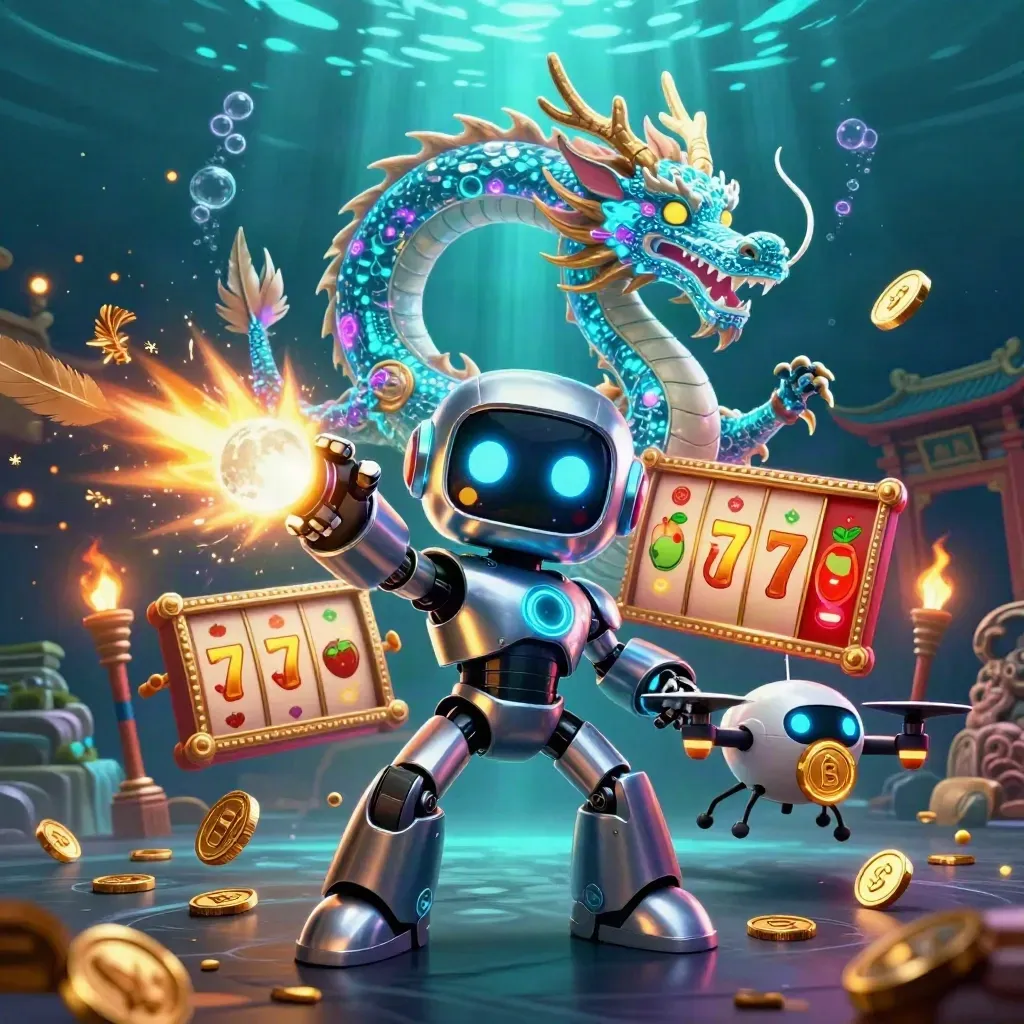 Robot, dragon, and coin drone burst through a glowing underwater temple casino scene.