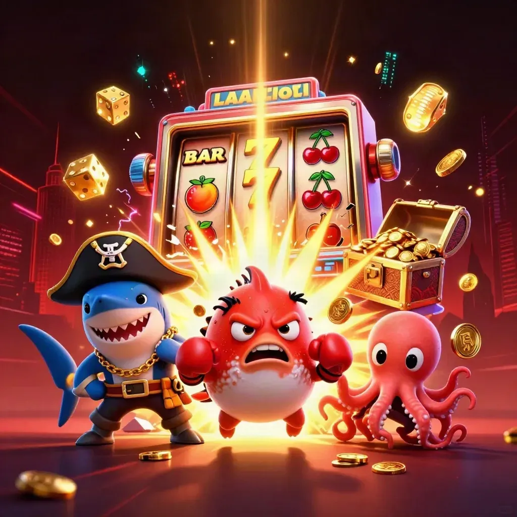 Pirate shark, boxing pufferfish, and coin-juggling octopus in neon casino chaos.