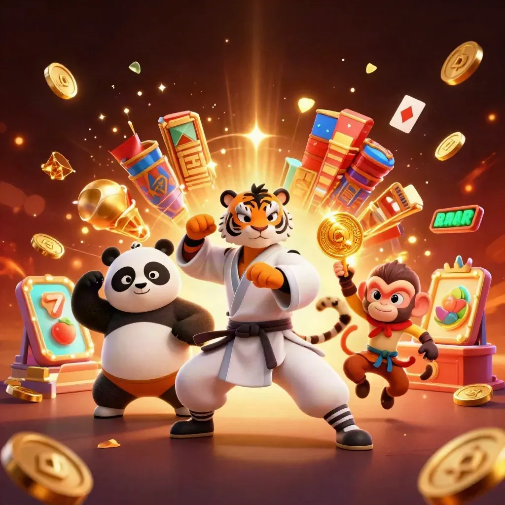 Kung-fu tiger, panda, and monkey amid casino chips, coins, cards, and glowing gold.