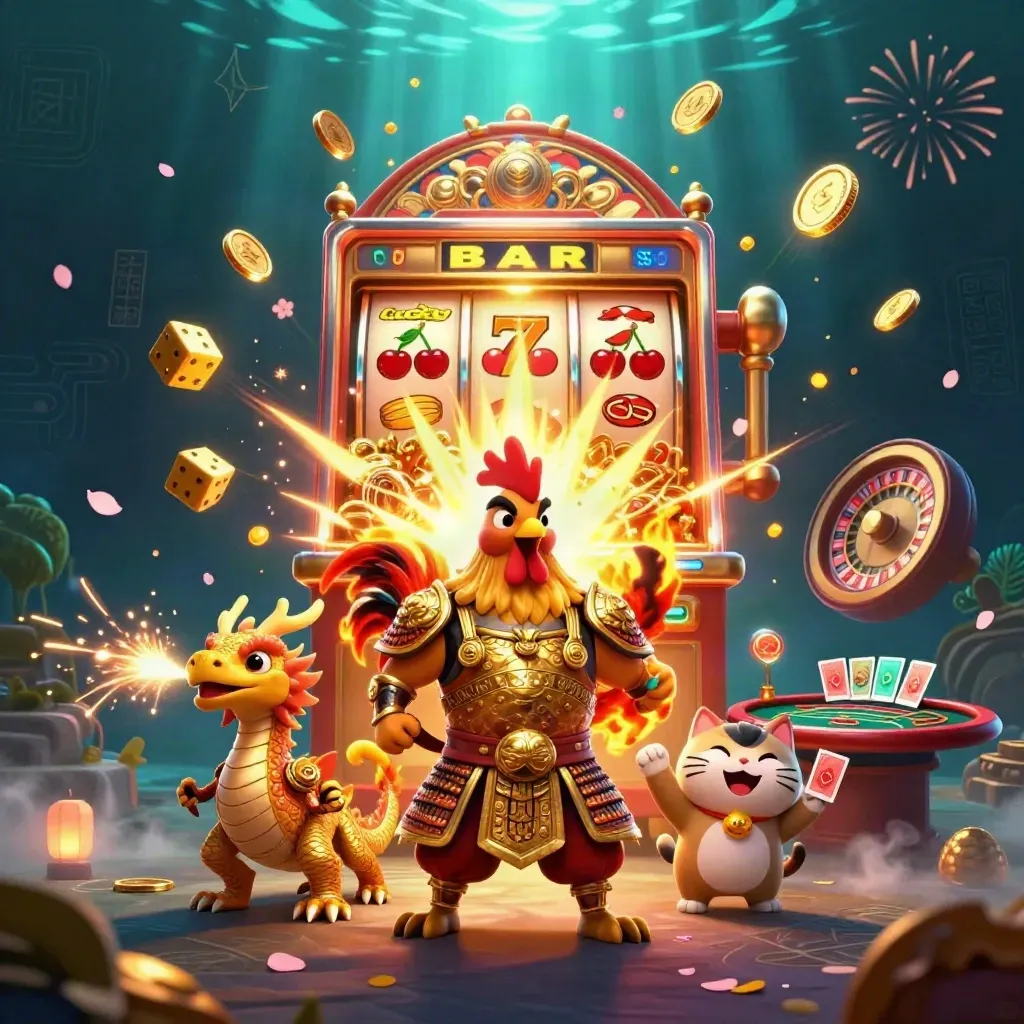 Rooster warrior, dragon hatchling and fortune-cat amid exploding slot symbols and gold coins