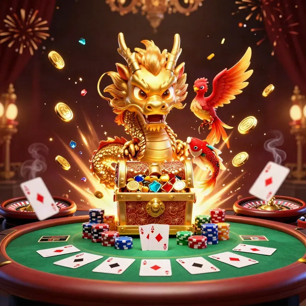 Golden dragon with phoenix and koi amid poker chips, cards, roulette wheel and fireworks.