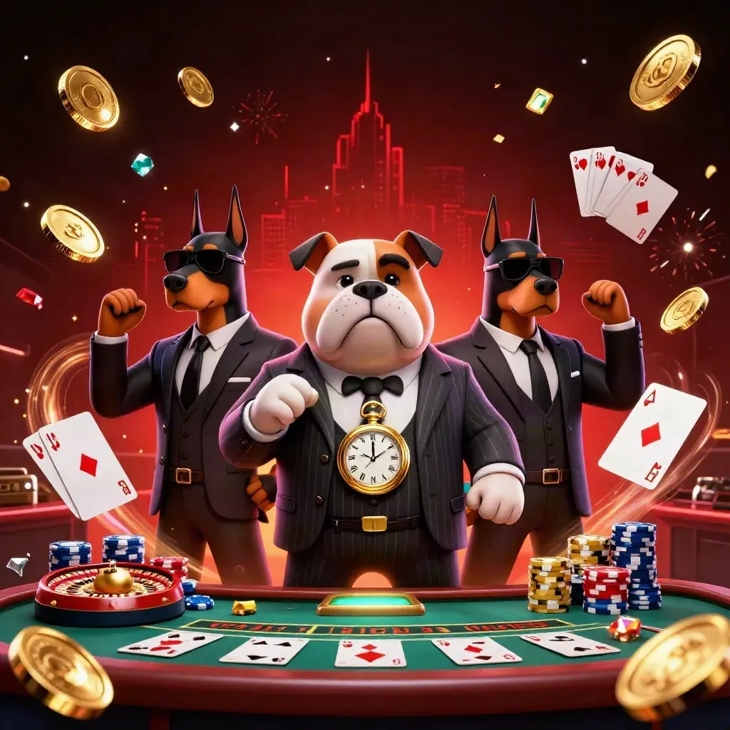 Bulldog crime boss with Doberman guards amid coins, roulette, chips, fireworks and glowing effects.
