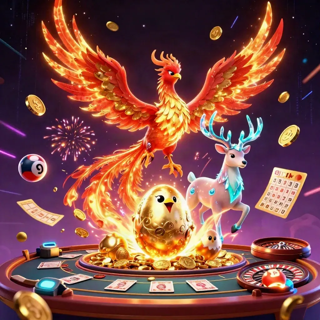 Phoenix, baby phoenix, and crystal-antler stag amid casino coins, lights, and fireworks.