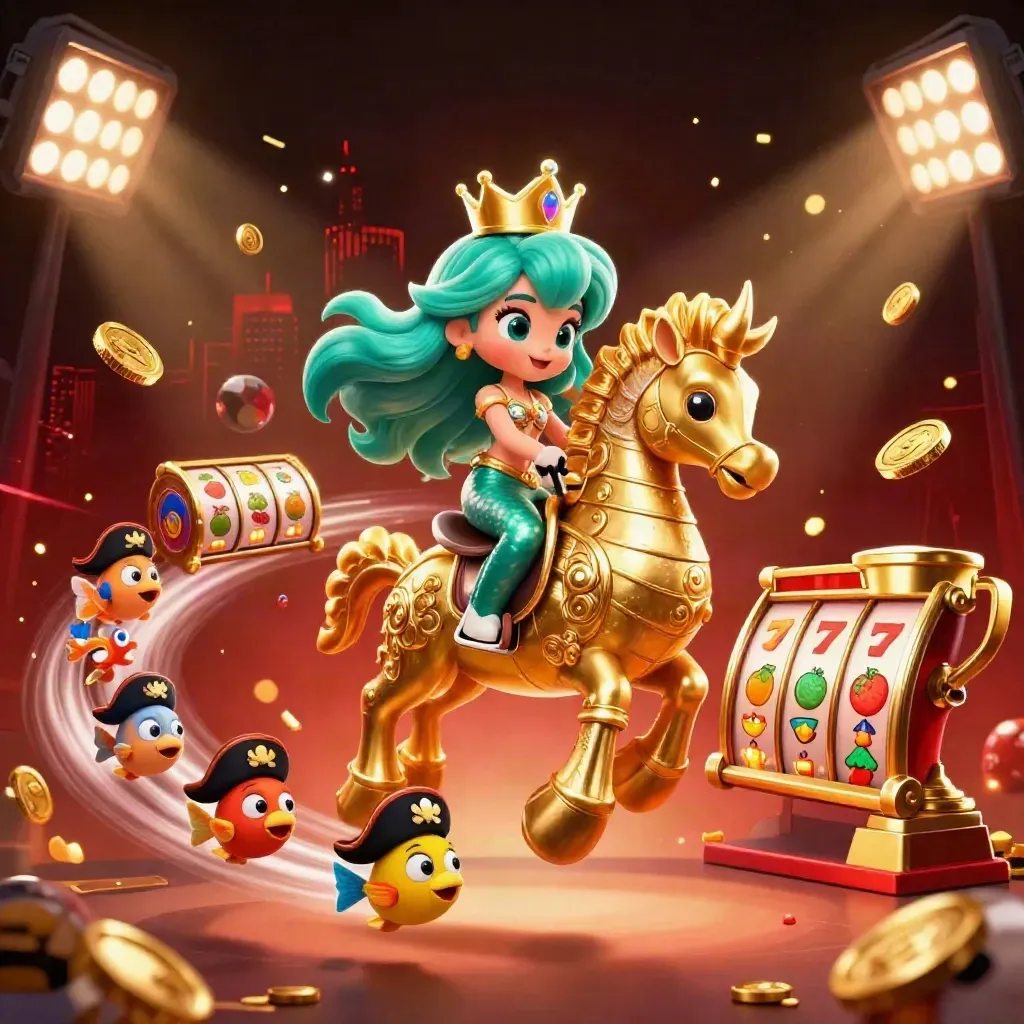 Mermaid princess on armored seahorse with pirate fish, coins, reels and neon casino glow.