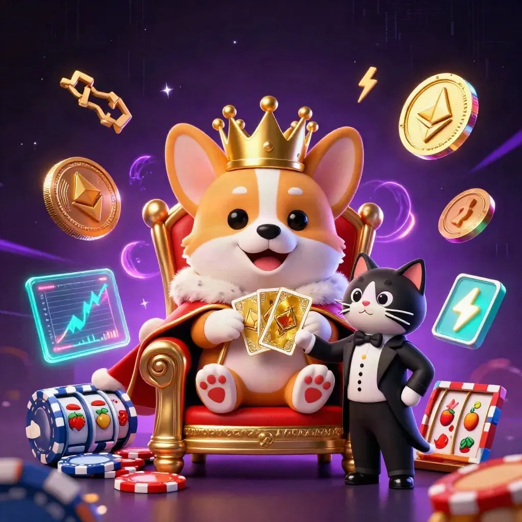 Royal corgi and cat butler on poker-chip throne with glowing crypto coins and neon casino effects.