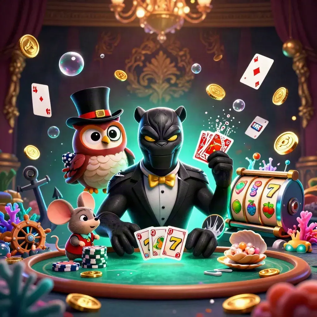 Panther, owl, and mouse deal cards amid treasure, bubbles, and glowing casino reels.