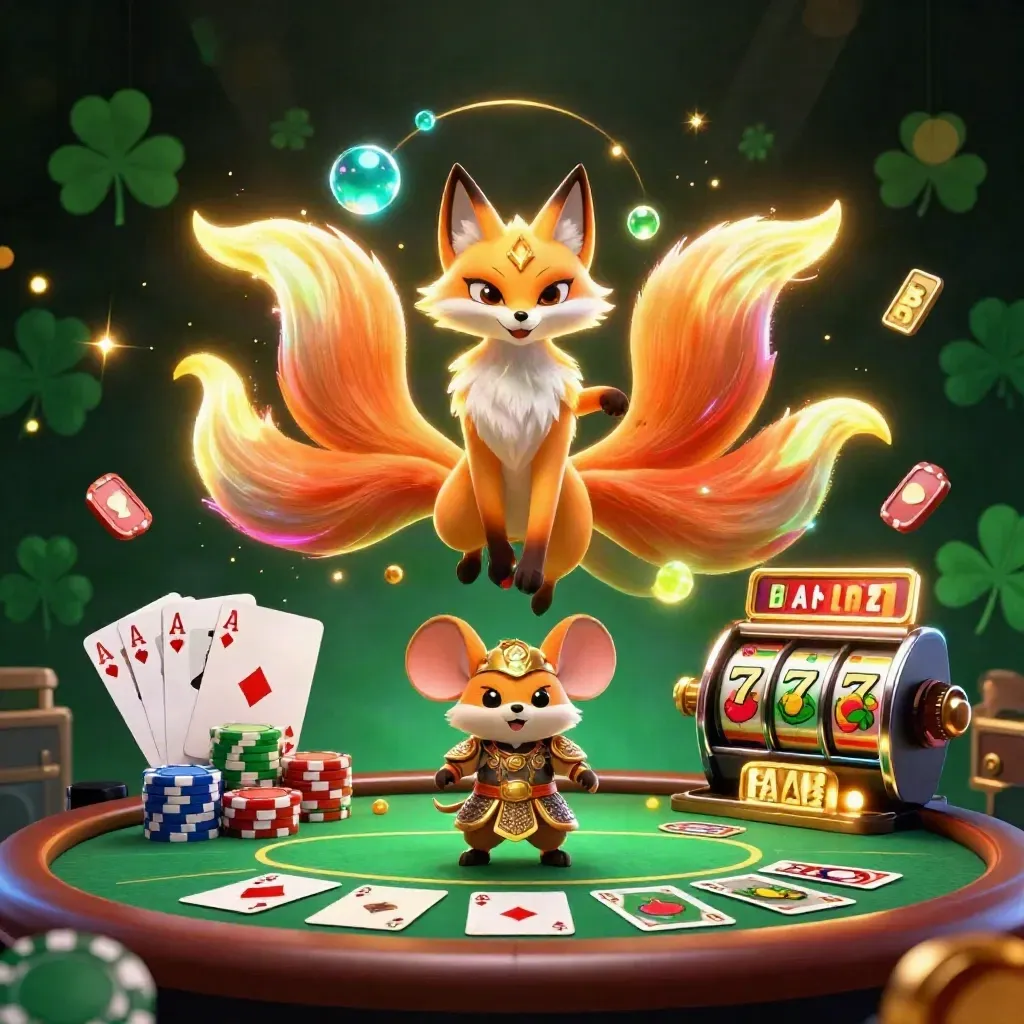 Glowing nine-tailed fox spirit and samurai mouse amid casino cards, chips, reels, and gold light
